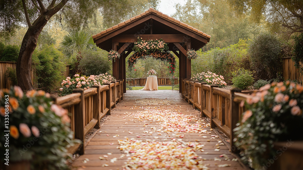 A charming wooden bridge leads to an elegantly decorated altar surrounded by lush greenery and blooming flowers, ideal for an outdoor wedding celebration A charming wooden bridge leads to an elegantly decorated altar surrounded by lush greenery and blooming flowers, ideal for an outdoor wedding celebration