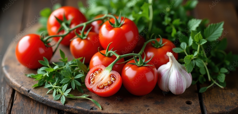 Fresh, vibrant tomatoes with herbs and garlic on a rustic wooden board, perfect for culinary use, gardening, or food-related projects.