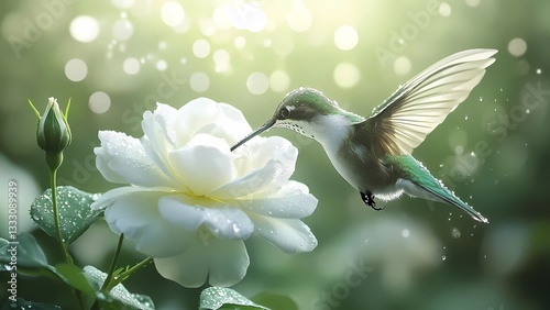 Hummingbird hovering near a white rose with dewdrops in a sunlit garden  
