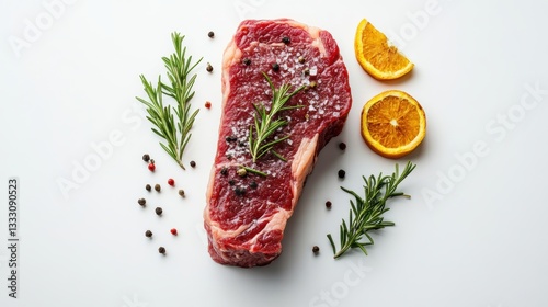A close-up view of a juicy steak garnished with rosemary and orange slices.