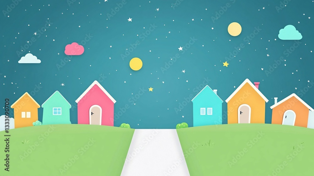 Naklejka premium Colorful houses and celestial bodies adorn a night sky landscape