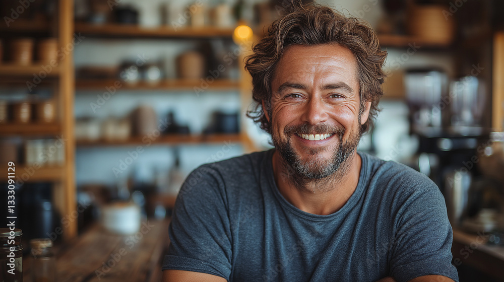 A man with a thick beard and curly hair sits comfortably in a cozy cafe. He looks cheerful and engaged, surrounded by rustic decor and warm lighting that creates a welcoming atmosphere A man with a thick beard and curly hair sits comfortably in a cozy cafe. He looks cheerful and engaged, surrounded by rustic decor and warm lighting that creates a welcoming atmosphere