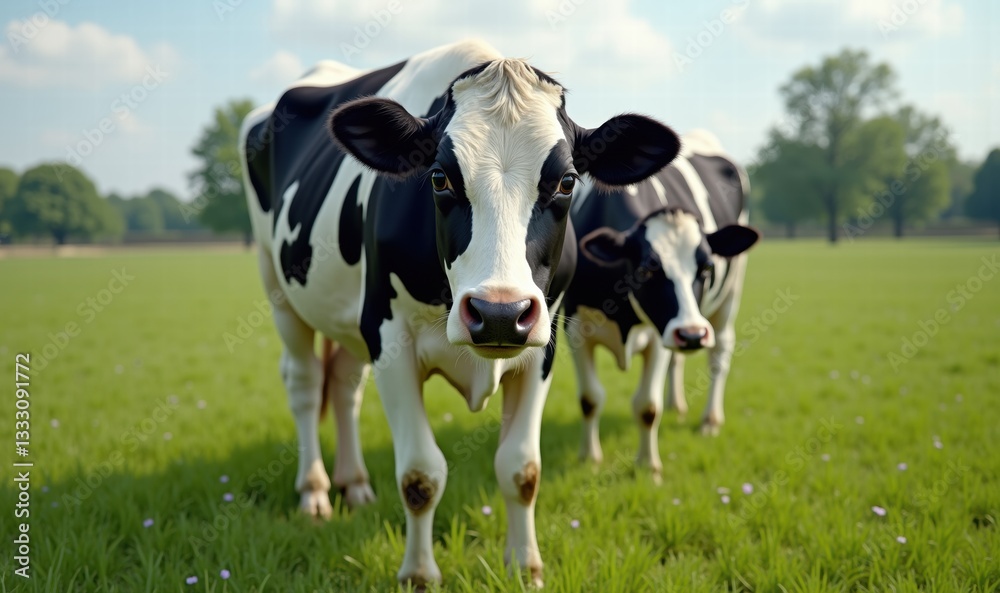 A serene pastoral scene featuring two curious Holstein cows in an open field, ideal for agriculture, dairy farming, and rural lifestyle visuals. A serene pastoral scene featuring two curious Holstein cows in an open field, ideal for agriculture, dairy farming, and rural lifestyle visuals.