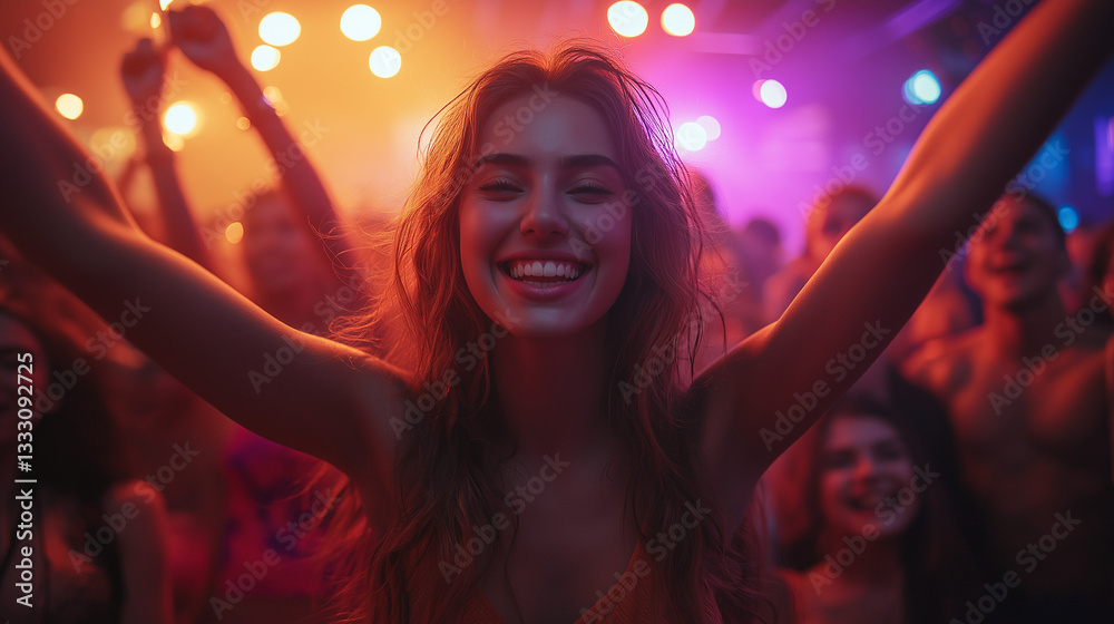 Fototapeta premium A joyful young woman with flowing hair smiles widely, amidst a lively crowd at a music festival filled with colorful lights and an energetic atmosphere during the night
