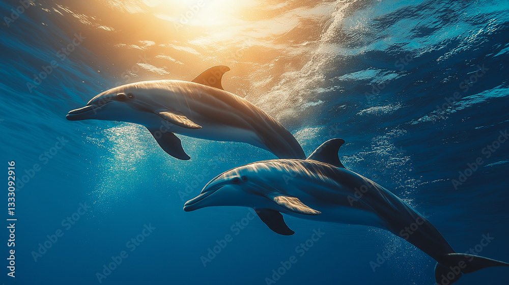 Fototapeta premium Two dolphins swim side by side beneath the sparkling ocean surface as the sun sets, casting a warm glow on the water. The peaceful ambiance highlights their playful nature