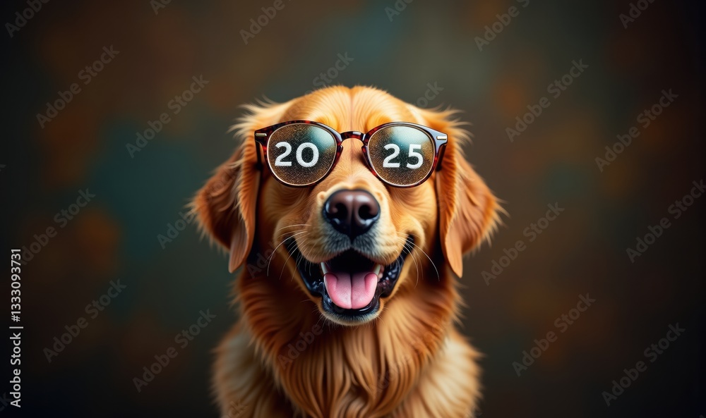 Obraz premium A cheerful golden retriever wearing glasses with the year 2025. Perfect for marketing, events, or pet-related content.