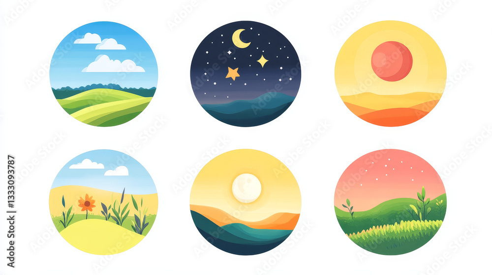 Landscape time icons. Sky and field daytime circle and square icon set. Landscape night and day, moon and sun, time day morning different illustration Landscape time icons. Sky and field daytime circle and square icon set. Landscape night and day, moon and sun, time day morning different illustration