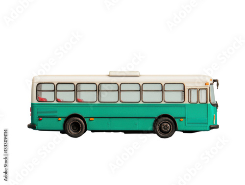 Vintage green bus model transport scene toy photography indoor setting side view nostalgia concept