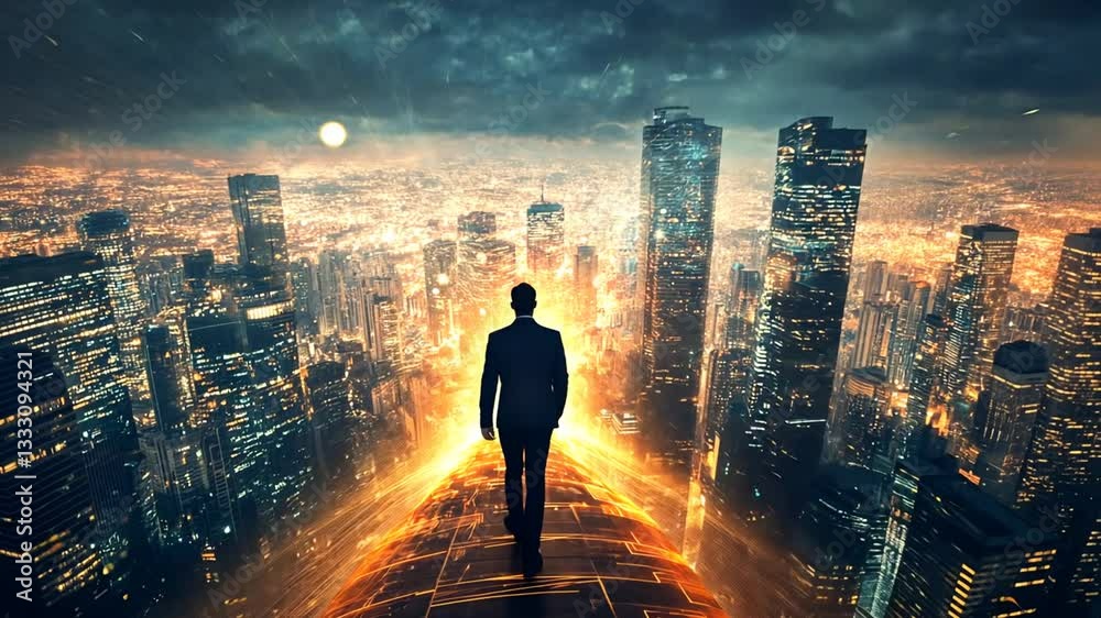 Man Walking Towards a Futuristic Cityscape at Night Man Walking Towards a Futuristic Cityscape at Night