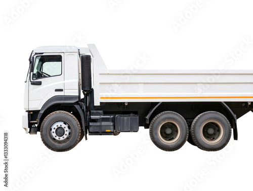 Dump truck in action on construction site industrial environment side view heavy machinery concept photo