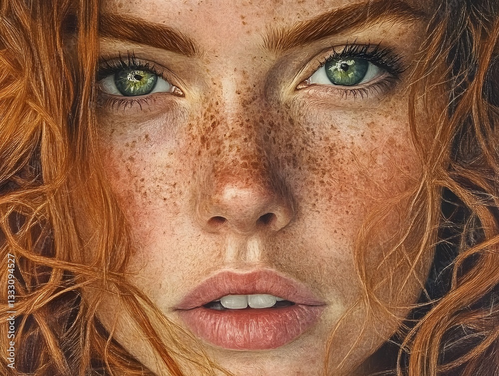 Close-up of a Striking Woman with Red Hair and Freckled Skin Close-up of a Striking Woman with Red Hair and Freckled Skin