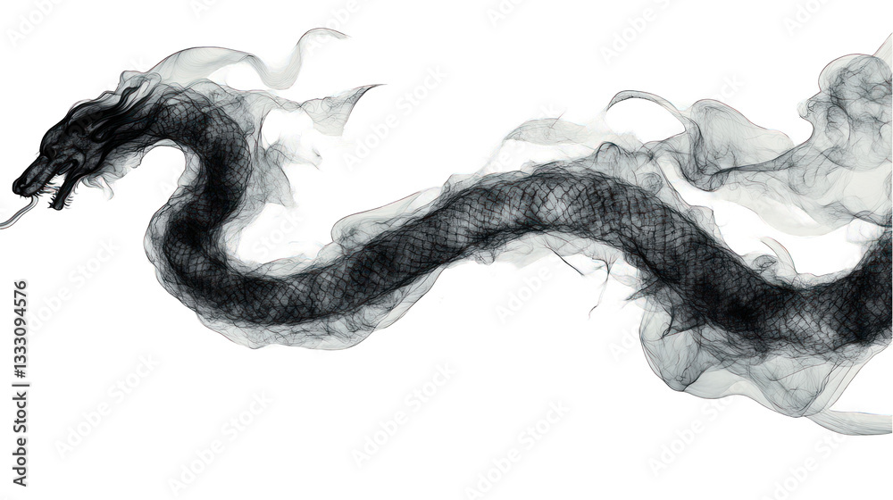 Fototapeta premium Ethereal dragon form made of smoke, drifting across a solid black background