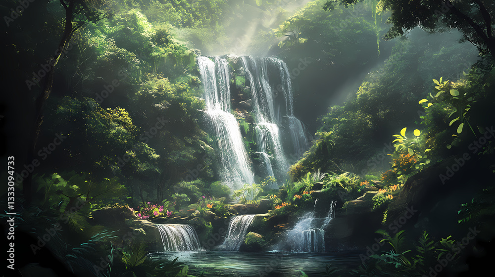 A lush hidden valley cascading waterfall. Hidden Connections. Illustration A lush hidden valley cascading waterfall. Hidden Connections. Illustration