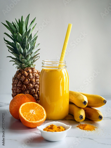 Fototapeta Naklejka Na Ścianę i Meble -  Pineapple, orange, banana and curcuma juice and fresh fruits set. 