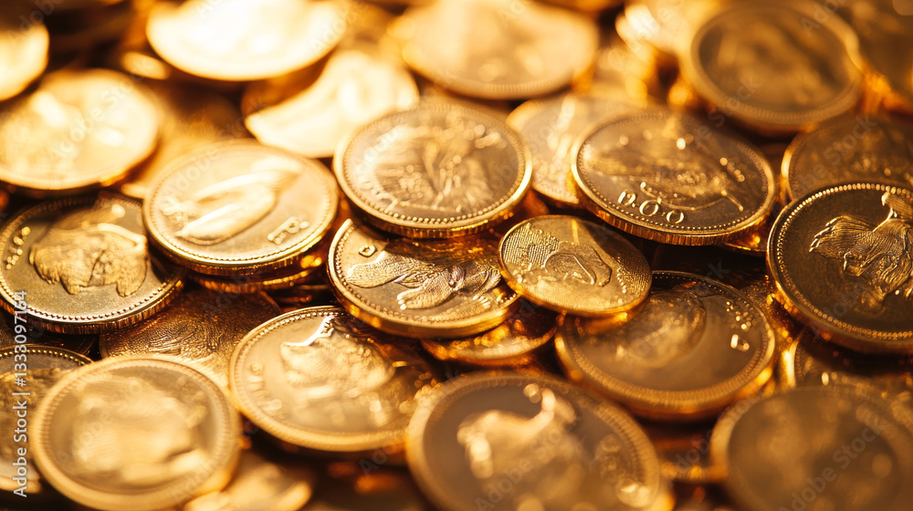 Stack of shiny gold coins with dollar signs embossed on their surface represents financial savings, investment, and economic growth Stack of shiny gold coins with dollar signs embossed on their surface represents financial savings, investment, and economic growth