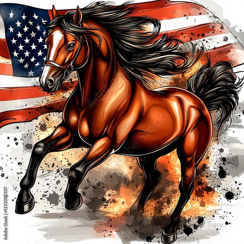 Horse galloping on usa flag background, brown horse