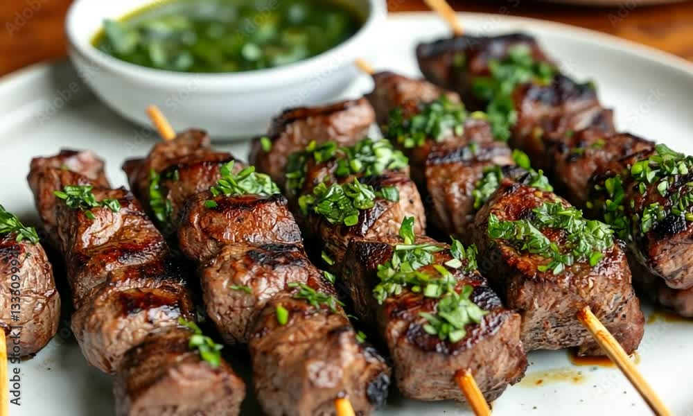 Grilled skewers of marinated beef garnished with fresh herbs served with a vibrant green sauce Grilled skewers of marinated beef garnished with fresh herbs served with a vibrant green sauce