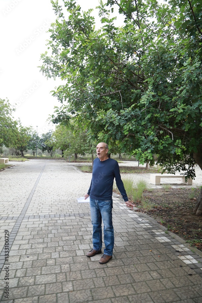 Bald Senior Man In Nature Park Looks In Shock Near Trees Outdoor Bald Senior Man In Nature Park Looks In Shock Near Trees Outdoor