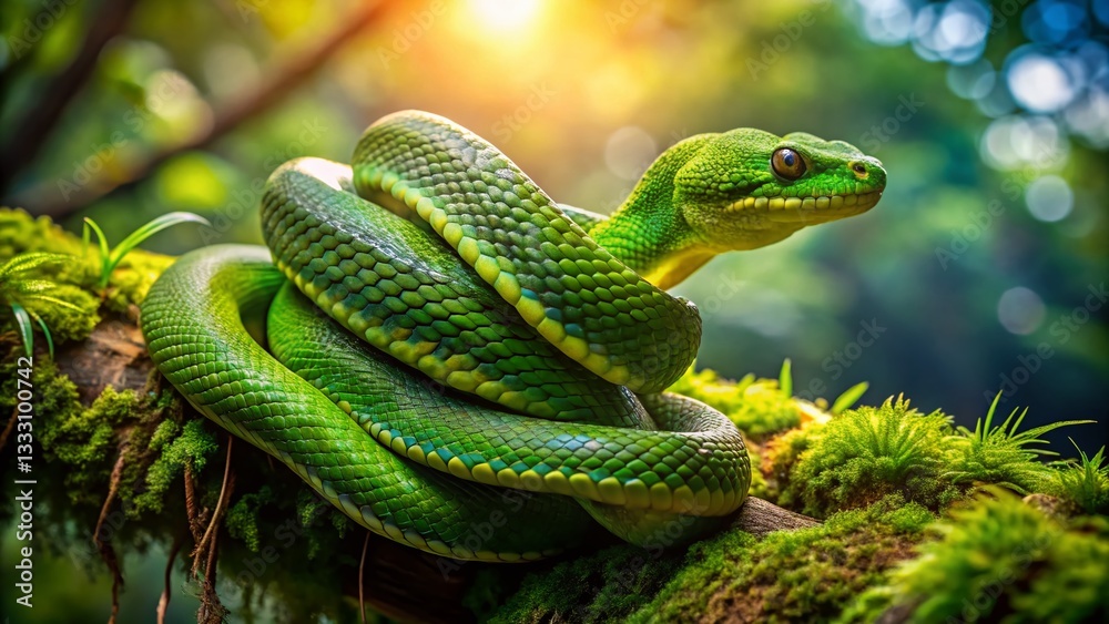 Fototapeta premium Vibrant Green Snake Coiled on Lush Jungle Tree Branch - Stock Photo