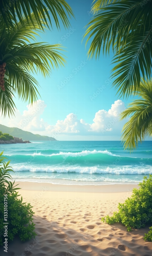 Obraz premium A serene tropical beach scene featuring clear blue waters, soft sands, and lush palm trees, perfect for travel or vacation-themed projects.