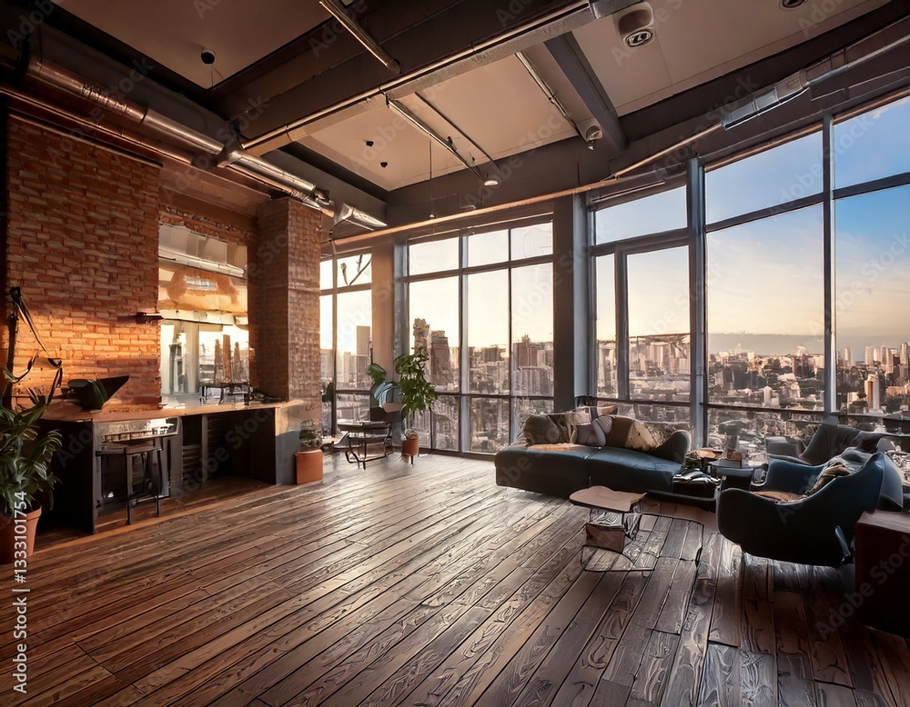 Naklejka premium A hyper-realistic urban loft apartment with an industrial-style interior, large windows, and a city skyline view - Generated image