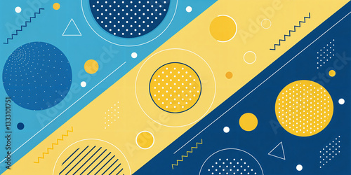 Abstract, pattern and colorful layout for youth, energy or tech design. Yellow and blue background with circles, squiggles and playful forms in dual color pop art style for poster or branding