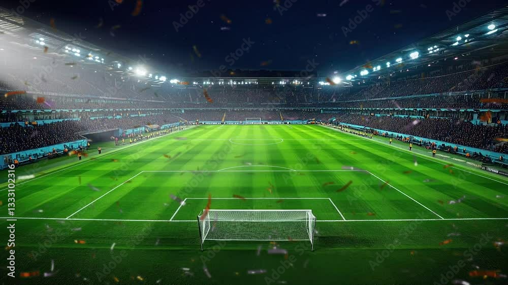football stadium surrounded by rows seats, confetti and light flashes, seamless looping animation background football stadium surrounded by rows seats, confetti and light flashes, seamless looping animation background
