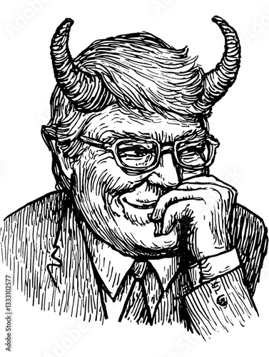 Engraved illustration of a vintage character with playful devil horns and a mischievous grin