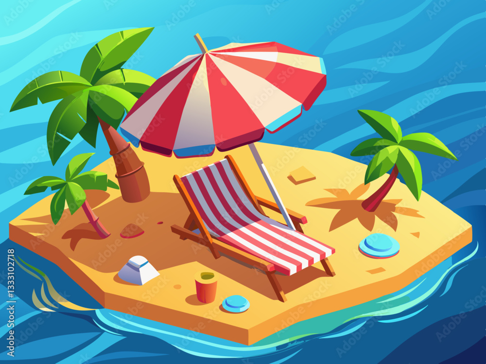 Obraz premium vector of Beach umbrella with chairs on beach sand. summer vacation concept. 3d rendering
