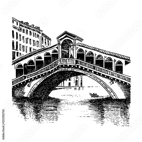 Engraved illustration of the vintage Rialto Bridge in Venice showcasing architectural beauty and serene waters