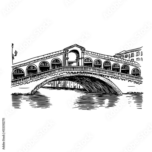 Engraved vintage illustration of the iconic Rialto Bridge over a serene canal in Venice, capturing architectural beauty and historical charm