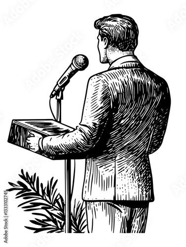 Engraved vintage illustration of a man speaking at a podium with a microphone during a formal event