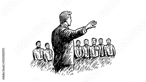 Engraved vintage illustration of a speaker addressing an audience of attentive listeners