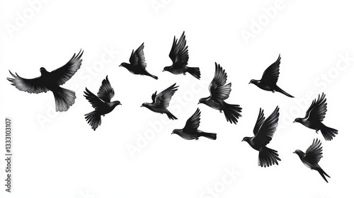 Bird silhouettes. Flying birds flock, animal wildlife migration, doves soar in sky. Black tattoo templates vector set. Pigeons in different positions collection isolated on white illustration