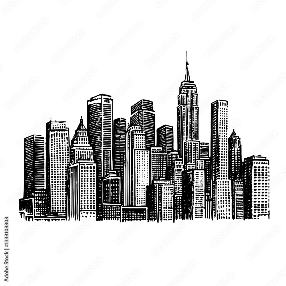 Fototapeta premium Engraved vintage skyline illustration featuring iconic skyscrapers and urban architecture