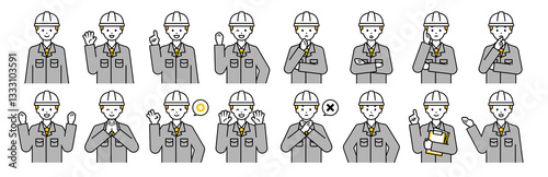 上半身のポーズセット_シンプルな作業員の男性