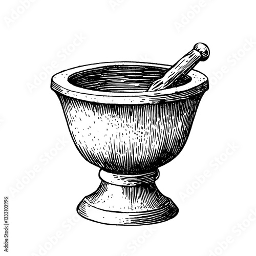 Engraved vintage mortar and pestle illustration showcasing traditional kitchen tools for culinary enthusiasts
