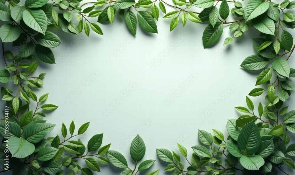 Fototapeta premium A fresh and vibrant frame of green leaves on a soft background, perfect for eco-friendly designs, natural product promotions, or wellness presentations.