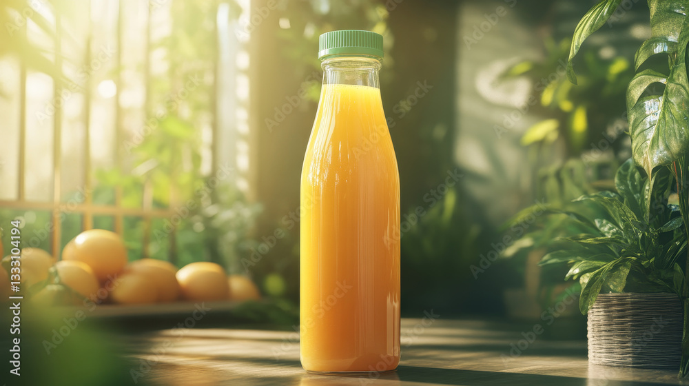 Plastic bottle filled with refreshing orange juice. Closed tightly with a green cap. Bursting with citrusy goodness and packed with healthy vitamins from natural fruits. Perfect for hot summer days
