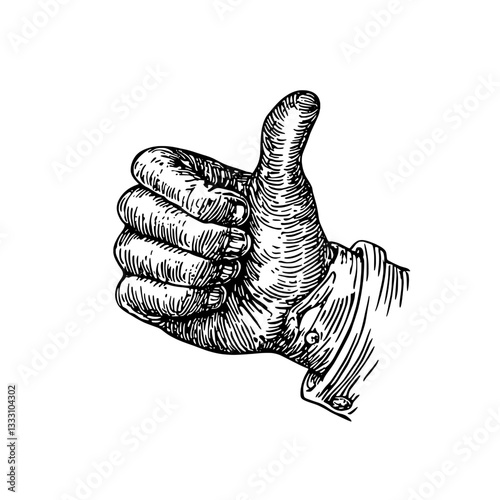 Engraved vintage illustration of a hand giving a thumbs up gesture in a classic style