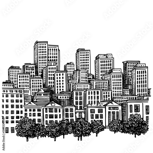 Engraved vintage illustration of a bustling city skyline with tall buildings and trees