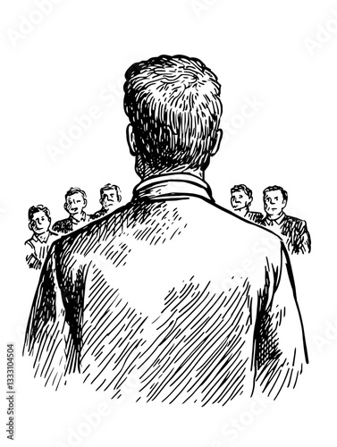 Drawing of a man facing an audience in an engraved vintage style illustration, showcasing public speaking dynamics