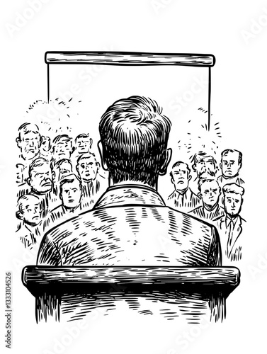 Engraved vintage illustration of a speaker addressing an audience in a formal setting