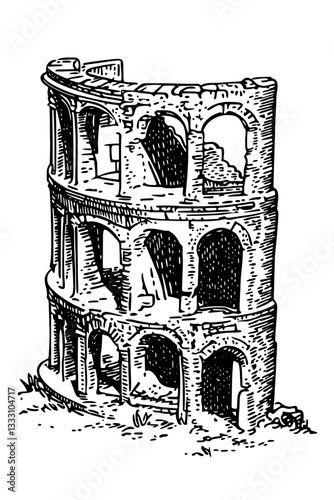 Engraved vintage illustration of a historic Roman amphitheater showcasing ancient architecture and craftsmanship