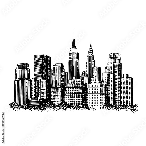 Engraved vintage skyline illustration showcasing iconic buildings and skyscrapers in a bustling city setting