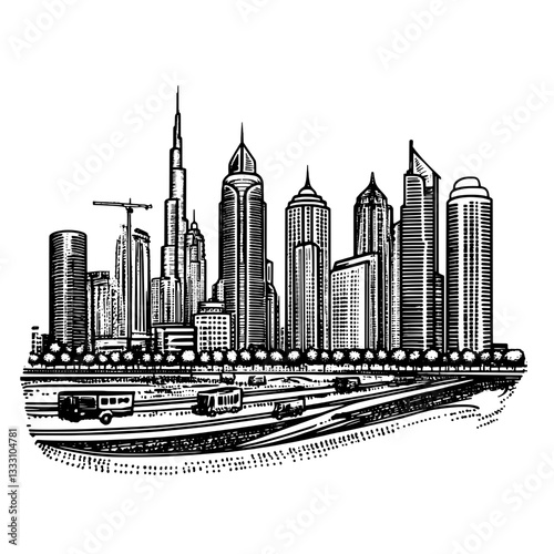 Engraved vintage skyline illustration featuring modern city buildings and transportation on a busy roadway
