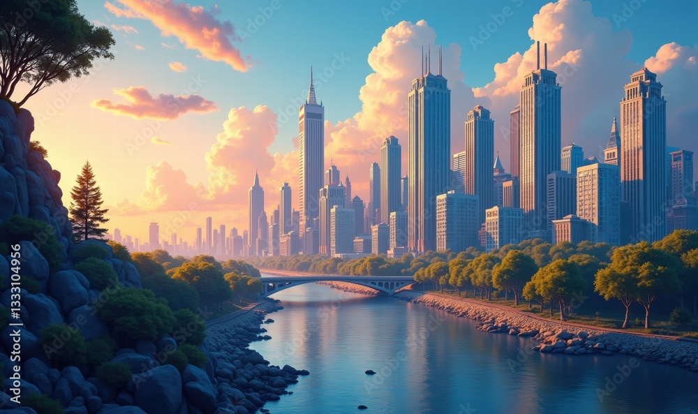 Fototapeta premium A vibrant cityscape at sunset, showcasing towering skyscrapers beside a serene river. Ideal for urban development, architecture, and travel themes.
