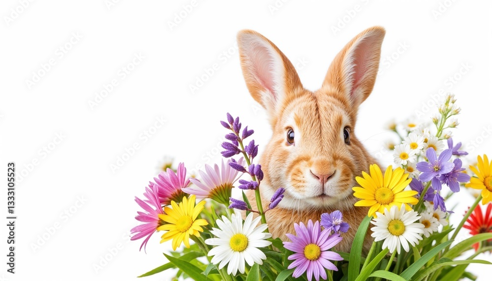 Cute Easter bunny peeking out from colorful spring flowers on white background, symbolizing joy, renewal, and festive holiday celebrations. Cute Easter bunny peeking out from colorful spring flowers on white background, symbolizing joy, renewal, and festive holiday celebrations.