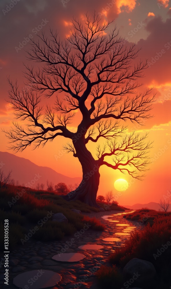 A dramatic sunset casts a warm glow behind a silhouetted, barren tree, creating a serene landscape perfect for nature-themed projects.