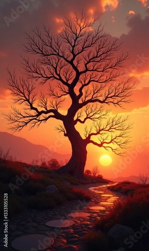 A dramatic sunset casts a warm glow behind a silhouetted, barren tree, creating a serene landscape perfect for nature-themed projects.